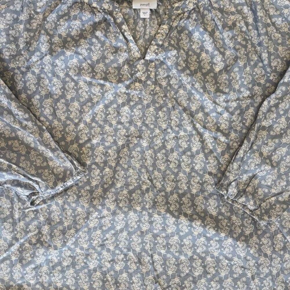 Pure Jill Women's L Blue White Floral Blouse Relaxed Boho Tunic Top
